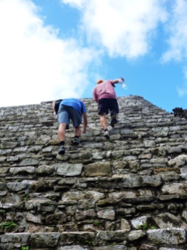Climbing some steep Maya-steps at Palenque